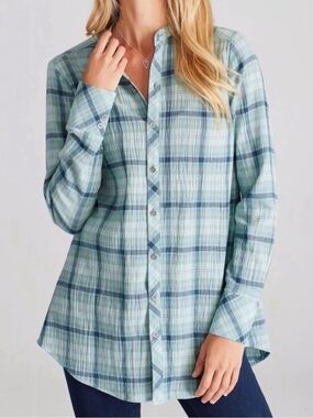 J. Jill Women's Seafoam Blue Plaid Crinkle Button Down Blouse Long Sleeve S